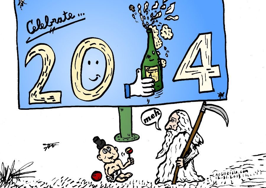Happy New Year 2014 feat. champagne and father time cartoon
