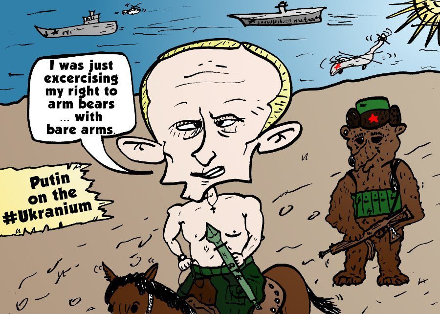 russian president vladimir putin bare chested on a horse with an armed bear behind him, from march 4, 2014 by laughzilla